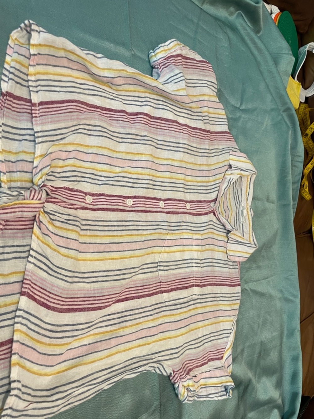 beachlunchlounge White Short-Sleeve Shirt with Yellow and Blue Stripes
